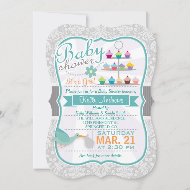 Invitación Tormenta Verde azulada retro; Baby Shower de Damas (Anverso)