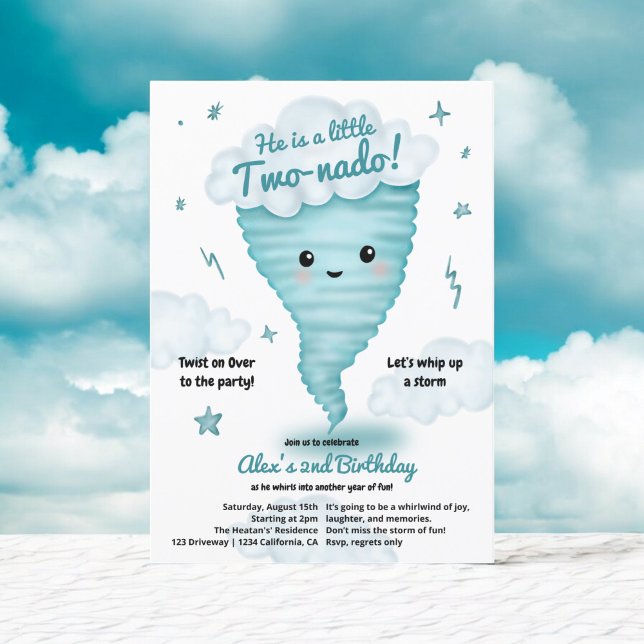 Invitación Tornado azul lindo fiesta de niños de segundo cump (Cute blue Tornado Themed 2nd Birthday Kids party Invitation)