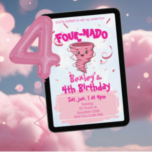 Invitación Tornado Rosa Four-Nado 4to Cumpleaños