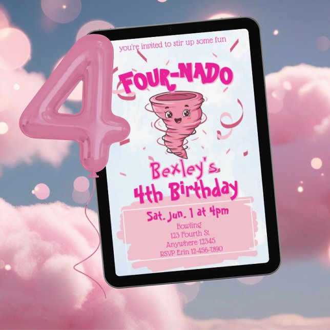 Invitación Tornado Rosa Four-Nado 4to Cumpleaños (Subido por el creador)