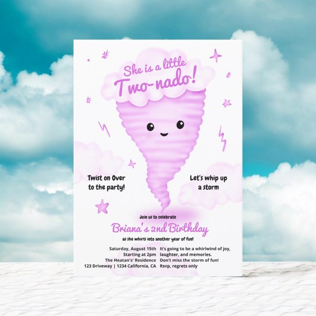 Invitación Tornado rosa lindo fiesta de niños de segundo cump (Cute Pink Tornado Themed 2nd Birthday Kids party Invitation)