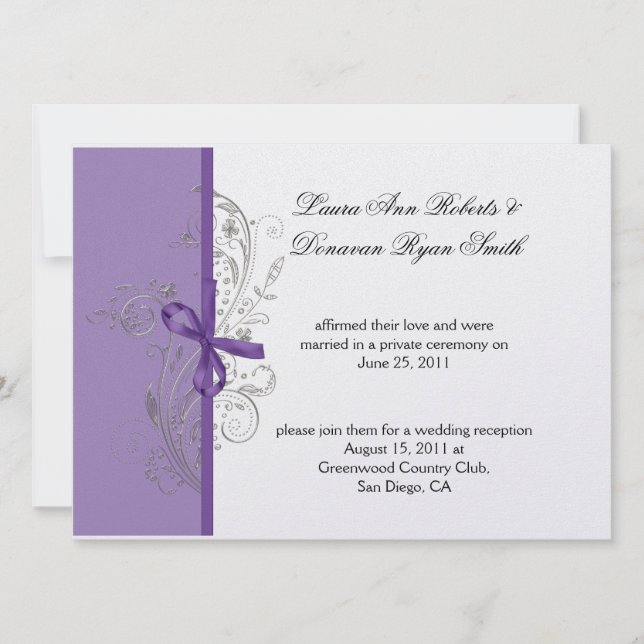 Invitación Tornasolado de plata morado violeta Post Boda (Anverso)