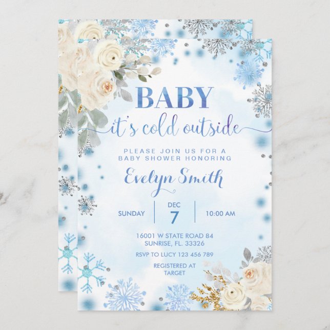 Invitación Torneo de Baby Shower Floral Azul y Blanco (Anverso / Reverso)