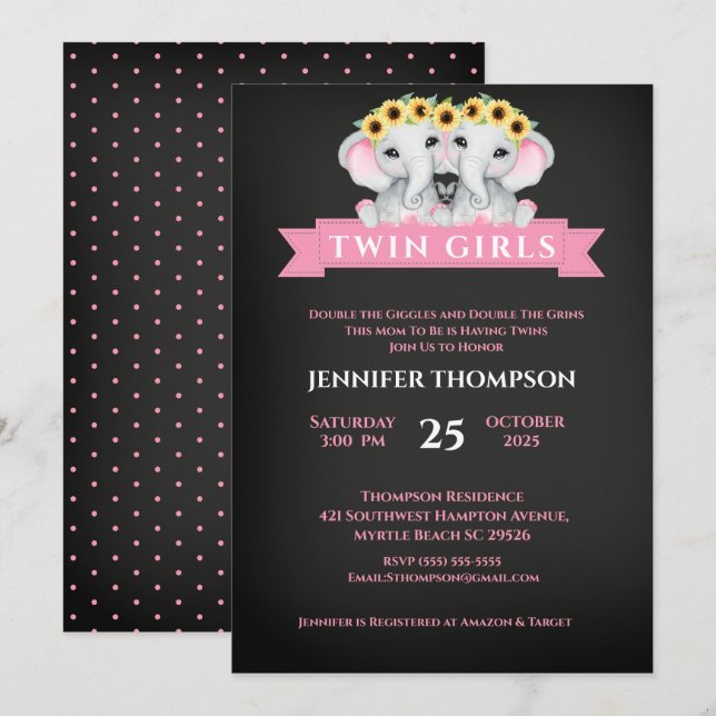 Invitación Torneo de Baby Shower Twin Elephant Sunflower (Anverso / Reverso)