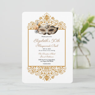 Invitación Torneo de Damask Gold Masquerade Ball 50 cumpleaño