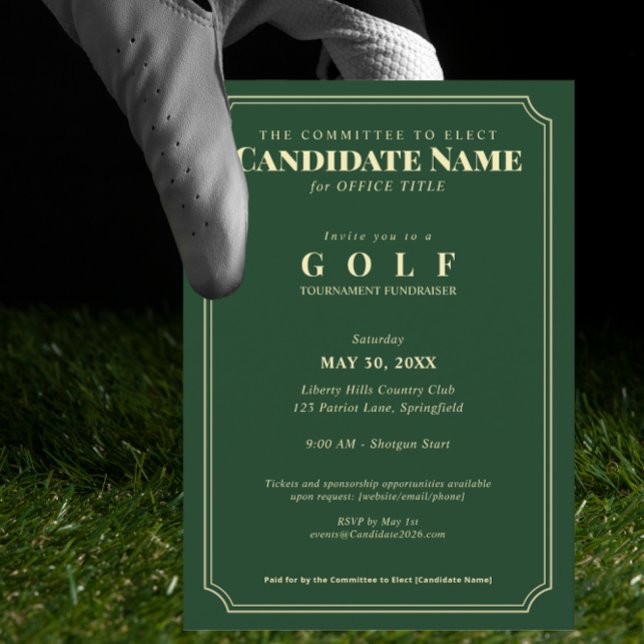 Invitación Torneo de Golf Elegante Benefico (Elegant Golf Tournament Fundraiser Invitation Golf Country Club Candidate Fundraiser Campaign)
