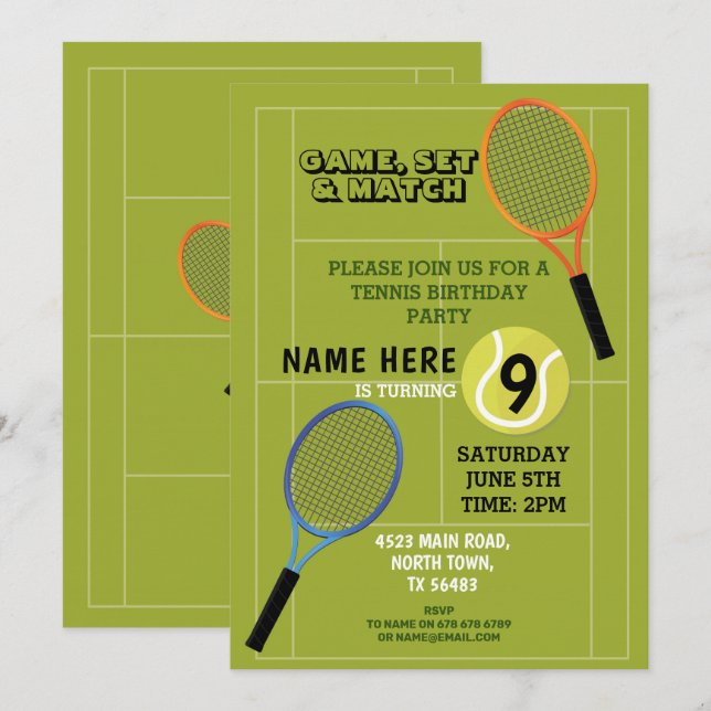 Invitación Torneo de tenis de cumpleaños de deportes pista de (Anverso / Reverso)