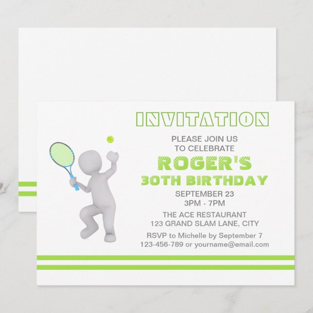 Invitación Torneo de tenis Jugador de tenis Racket Personaliz (Anverso / Reverso)