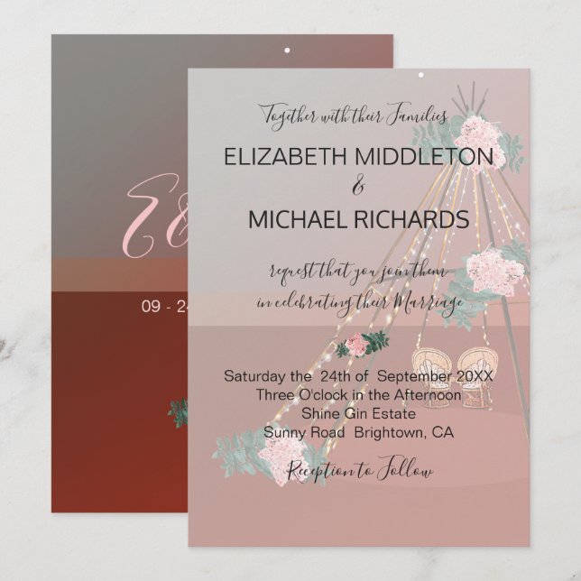 Invitación Torneo Rústico del Desierto Floral Boho / Boda Tip (Anverso / Reverso)