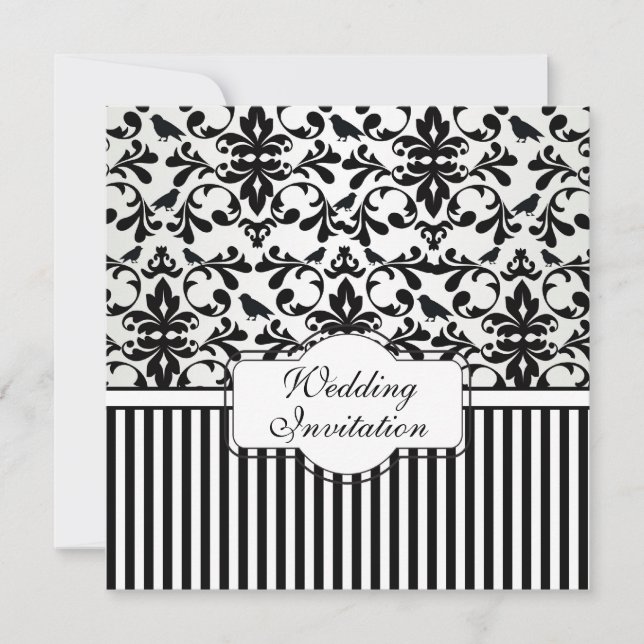 Invitación Tornillos blancos negros Damask, pájaros, rayas Bo (Anverso)