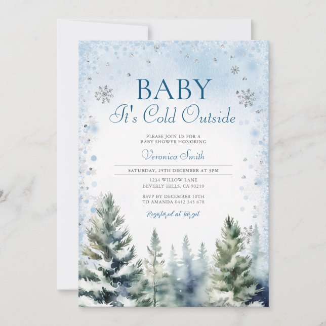 Invitación Tornillos de nieve Baby Shower con árbol de pino a (Anverso)