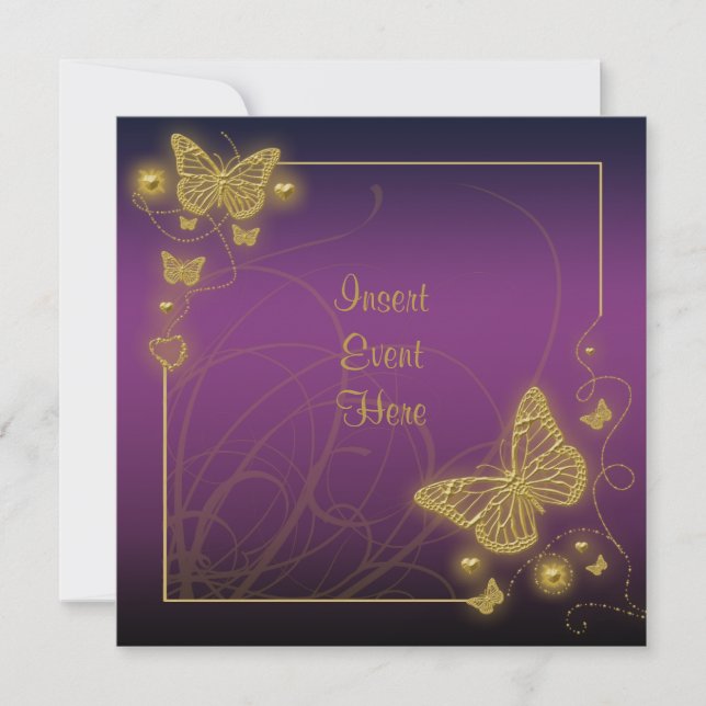 Invitación Tornillos negros de mariposa de oro morado (Anverso)