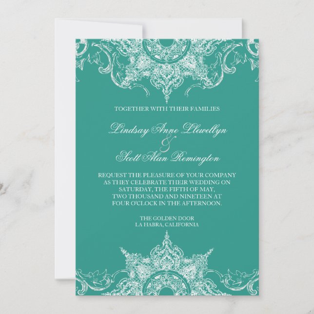 Invitación Torno de Damask de tela Boda de Swirl Invitar Verd (Anverso)