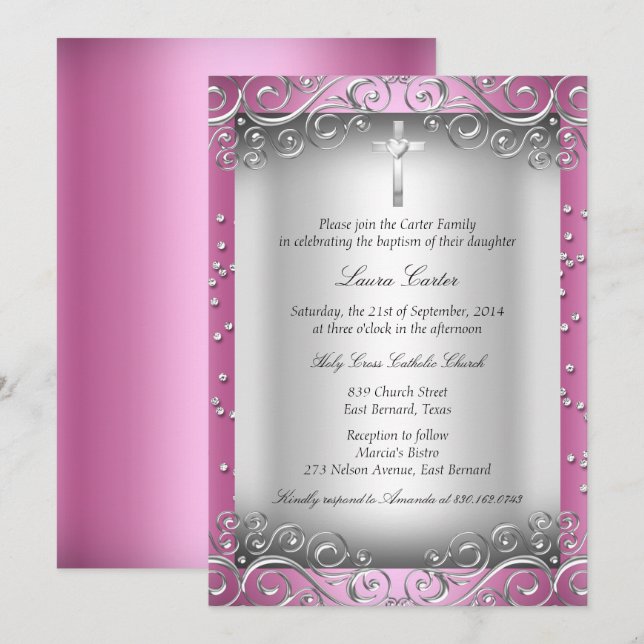 Invitación Torno de plata rosa y cruz Bautizo (Anverso / Reverso)