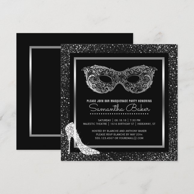 Invitación Toro alto de bola de máscaras Dulce plateado negro (Anverso / Reverso)