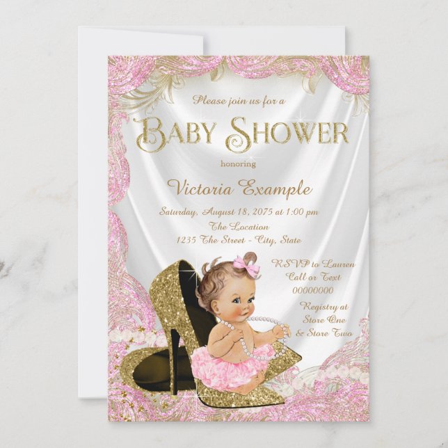 Invitación Toro alto de oro rosado Shoes Pearls Baby Shower (Anverso)