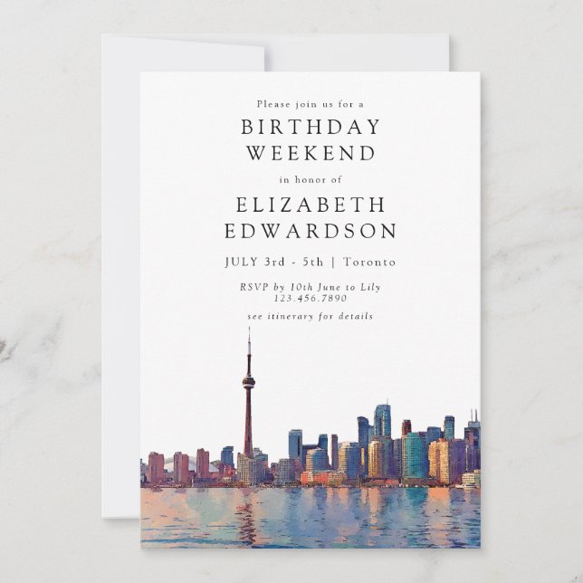 Invitación Toronto Skyline Watercolor Birthday Weekend (Anverso)