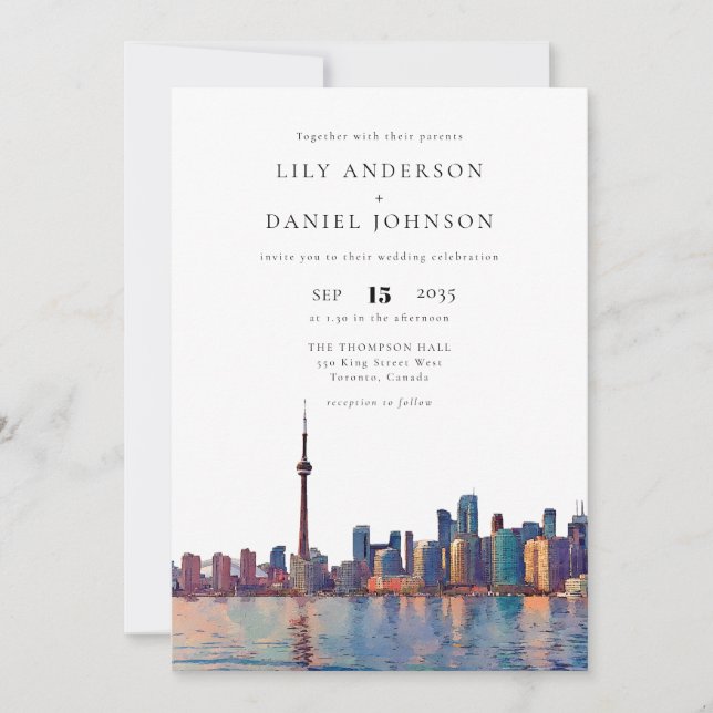 Invitación Toronto Skyline Watercolor Elegant Wedding (Anverso)