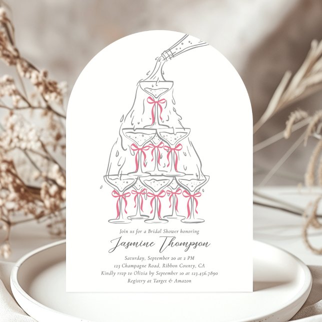 Invitación Torre de Champagne Coquette rosa Bow Bridal (Subido por el creador)