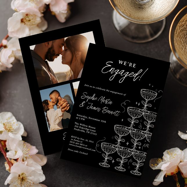 Invitación Torre de champán blanco y negro Foto compromiso (White Black Champagne Tower Photo Engagement Invitation)