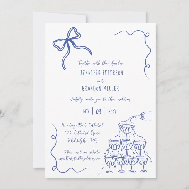 Invitación Torre de champán Bow boda azul peculiar (Anverso)