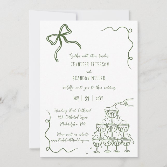 Invitación Torre de champán Bow boda peculiar verde (Anverso)