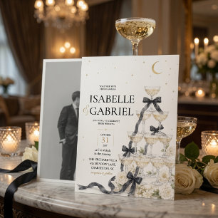Invitación Torre de champán con lazo negro elegante foto boda