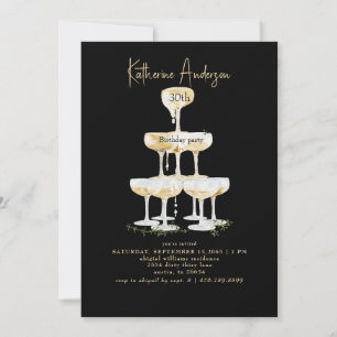Invitación Torre de champán Cumpleaños negro 30 