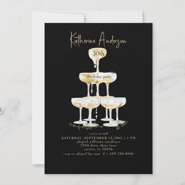 Invitación Torre de champán Cumpleaños negro 30  (Anverso)