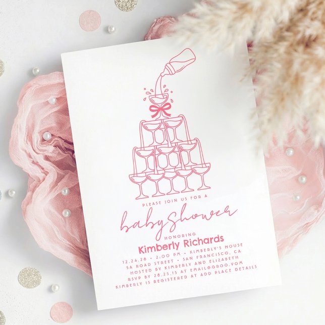 Invitación Torre de champán de biberón de bebé divertida duch (Funny Hand Drawn Whimsical Pink Baby Shower Invitation Champagne Milk Tower)