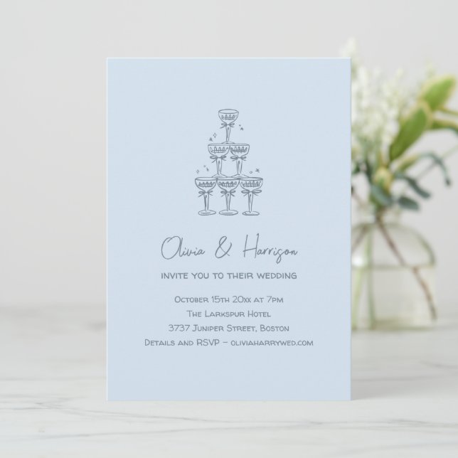 Invitación Torre de champán Doodle Boda Azul Fresco (Anverso de pie)