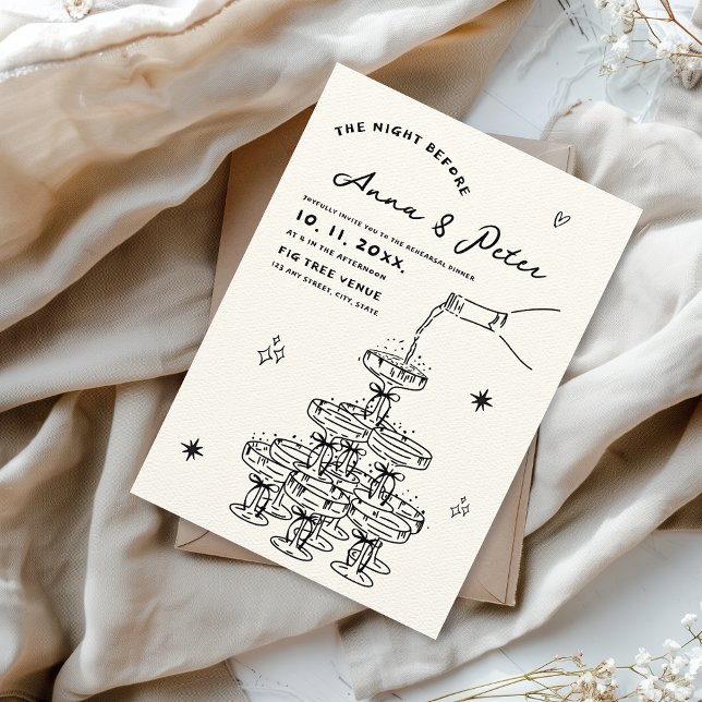 Invitación Torre de champán ilustrada a mano La noche anterio (the night before rehearsal dinner invitation hand illustrated with champagne tower)