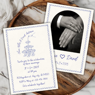 Invitación Torre de champán ilustrada a mano para boda vintag