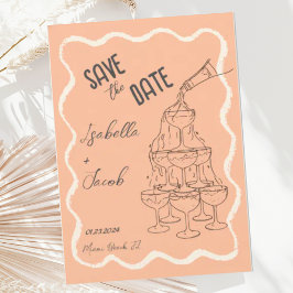 Invitación Torre de champán retro Peach Wavy Save the Date