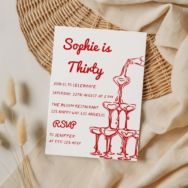 Invitación Torre de champán rojo elegante para 30 cumpleaños (Subido por el creador)