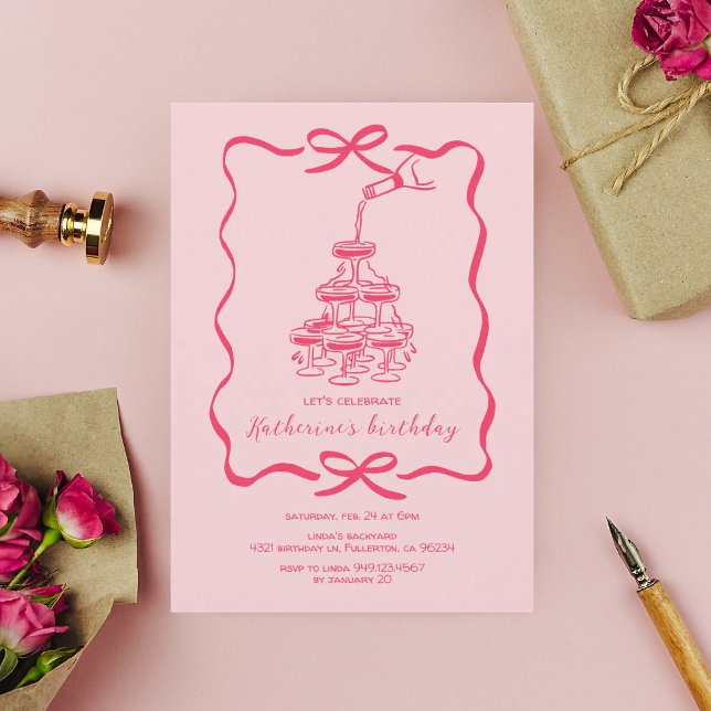 Invitación Torre de champán rosa dibujada a mano para fiesta  (Subido por el creador)