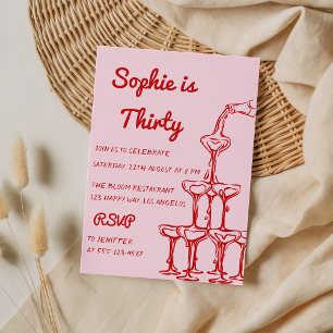Invitación Torre de champán rosa y rojo Cumpleaños 30