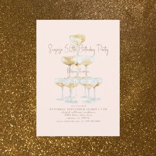 Invitación Torre de champán rosado sorpresa cumpleaños 50