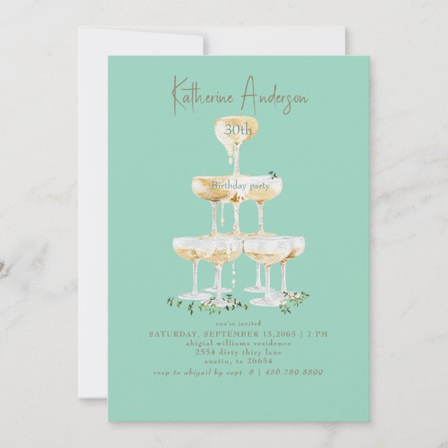 Invitación Torre de champán Turquesa Fiesta de cumpleaños 30  (Anverso)