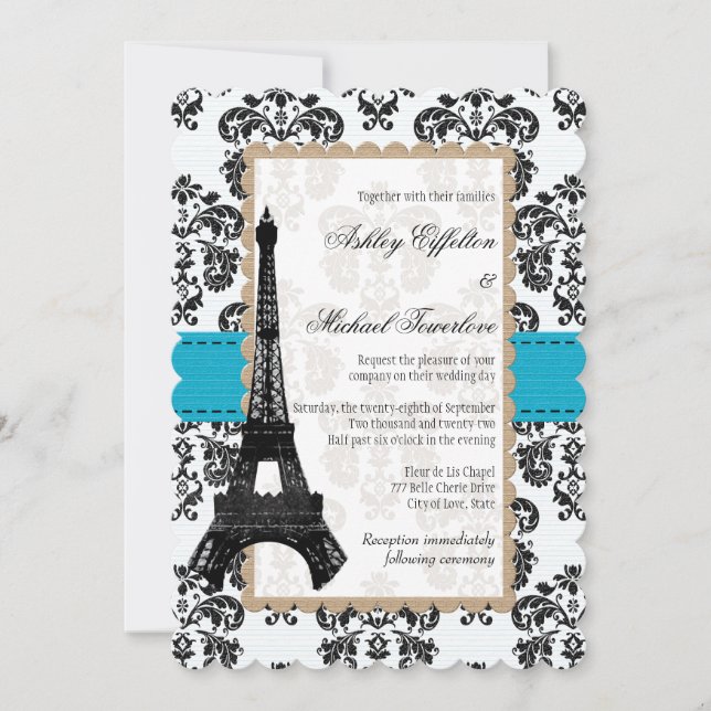 Invitación Torre de Eiffel de Damasco Turquesa y Negro para B (Anverso)