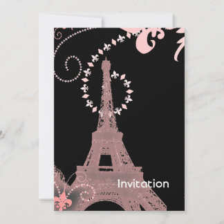 Invitación torre de eiffel de parís negro y rosa de moda gira