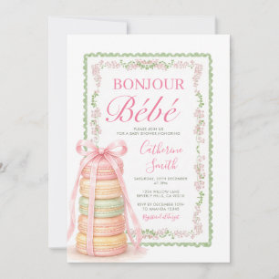 Invitación Torre de Macarons Rosados Franceses Bonjour para B