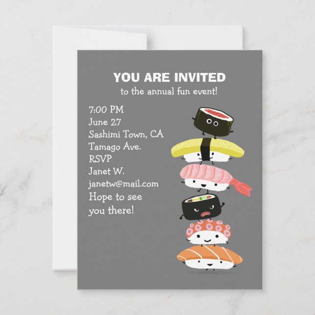 Invitación Torre de Sushi - Una pila de amigos sushi divertid (Anverso)