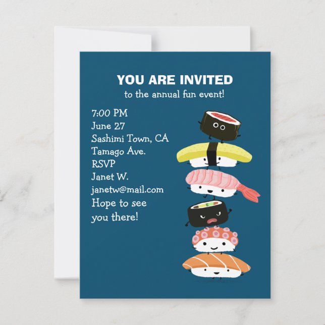 Invitación Torre de Sushi - Una pila de amigos sushi divertid (Anverso)