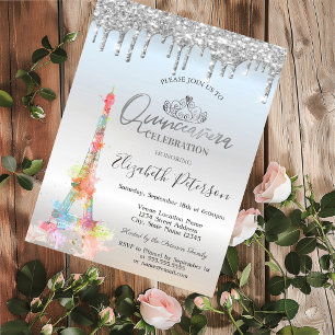 Invitación Torre Eiffel acuarela, gotas Quinceañera plateada
