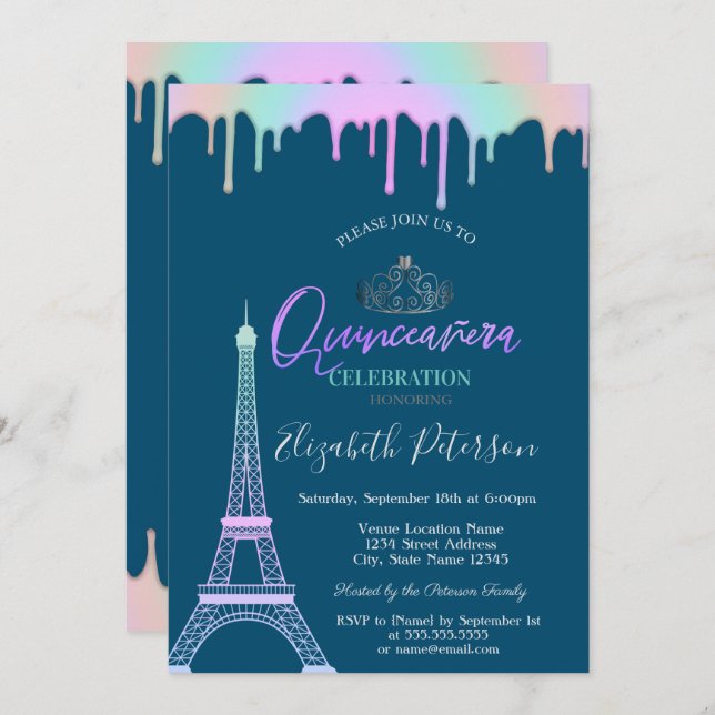 Invitación Torre Eiffel, arco iris gotea quinceañera azul (Anverso / Reverso)