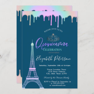 Invitación Torre Eiffel, arco iris gotea quinceañera azul
