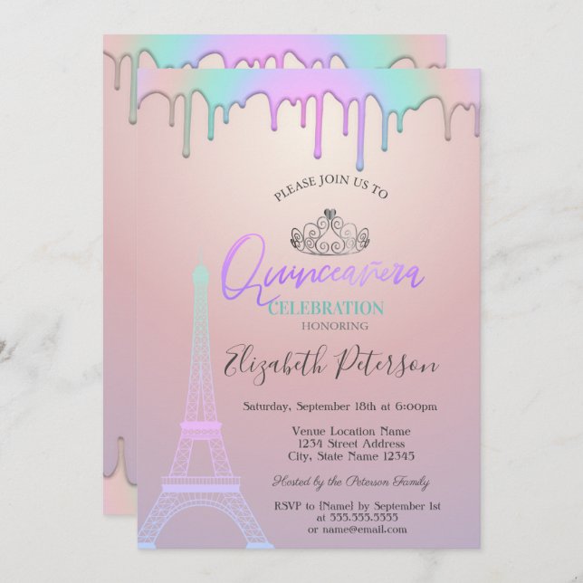 Invitación Torre Eiffel, arcoiris arrastra a Quinceañera (Anverso / Reverso)