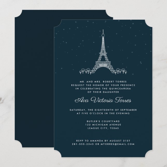 Invitación Torre Eiffel Azul de la Marina bajo las estrellas  (Anverso / Reverso)