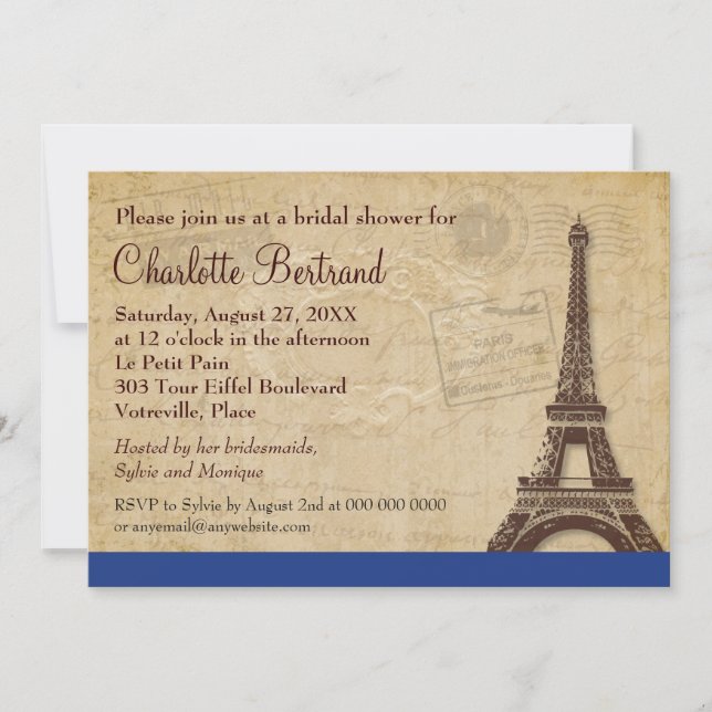 Invitación Torre Eiffel Blue Paridal Shower (Anverso)